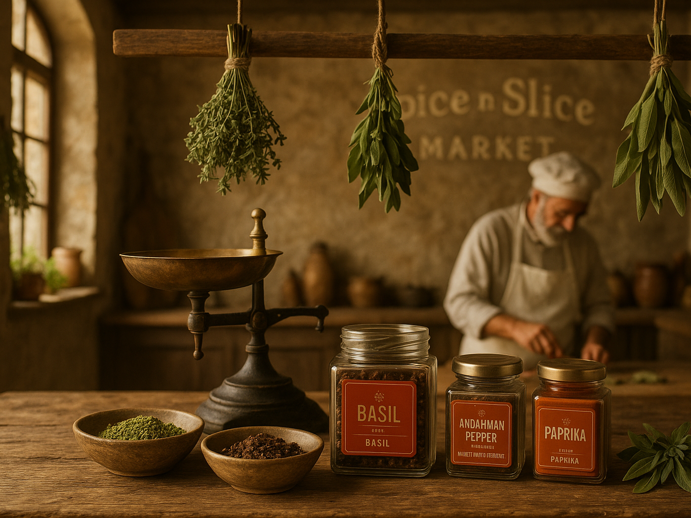 French farmhouse kitchen with chef and spices