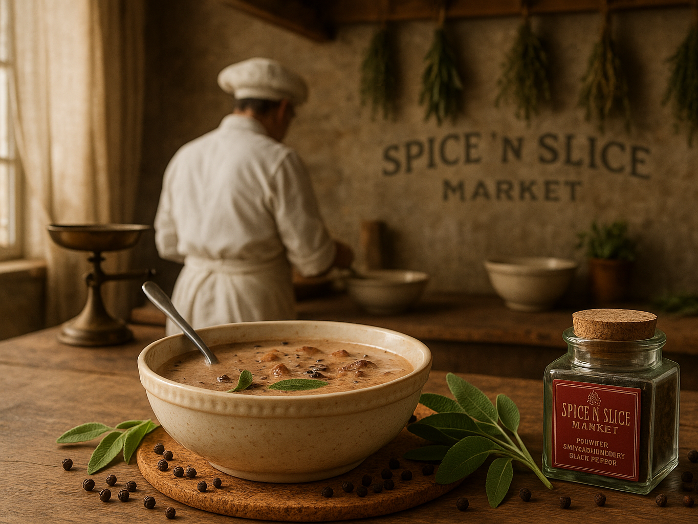 French farmhouse kitchen with chef and spices