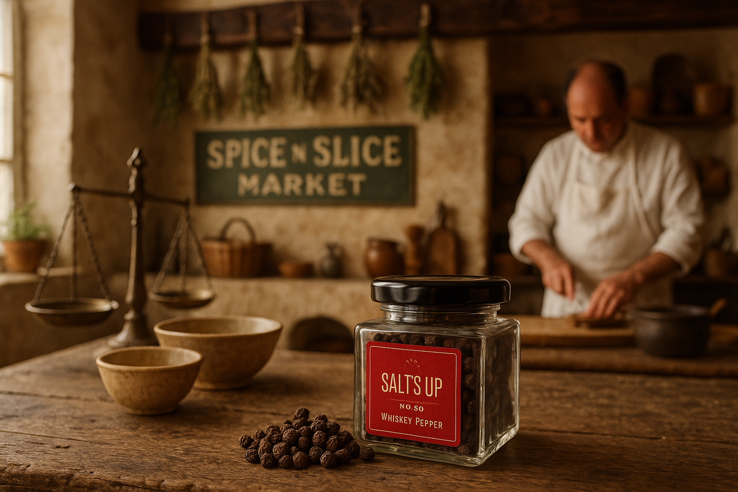 French farmhouse kitchen with chef and whiskey pepper
