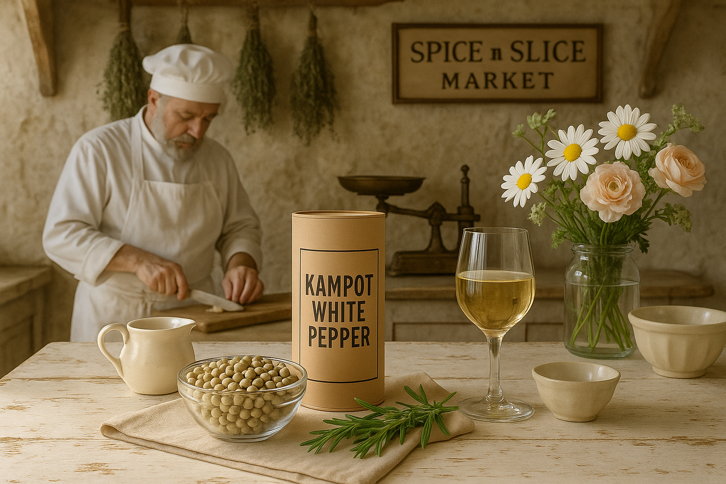 French farmhouse kitchen with chef and white pepper