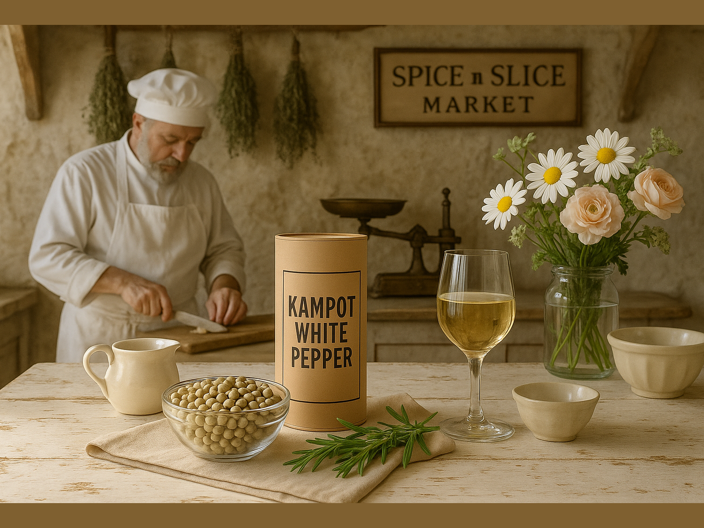 French farmhouse kitchen with chef and white pepper