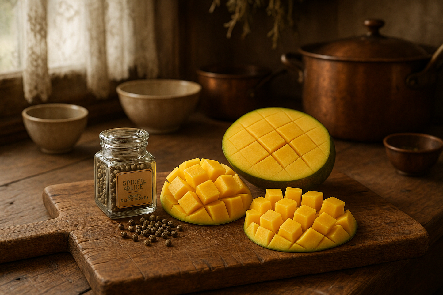French Farmhouse Kitchen with Green Peppercorns and Mango