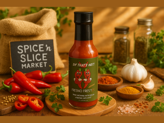 Fresno Fres Yes hot sauce bottle in a spice market setting with peppers, garlic, herbs.
