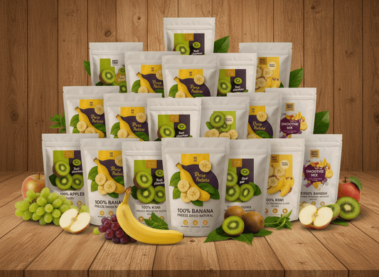 Family Fruit 24-Pack (24 Small Pouches) featuring freeze-dried fruits on a wooden background.
