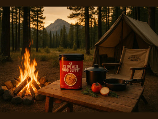 Campfire cooking scene with ReadyWise food supply, camping gear, and mountain backdrop at sunset