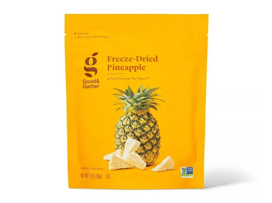 Good & Gather freeze-dried pineapple pouch with pineapple image and non-GMO label