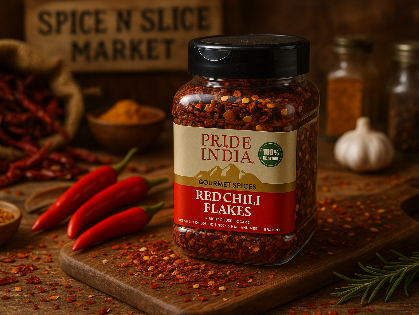 Gourmet Red Chili Flakes 8oz in market setting