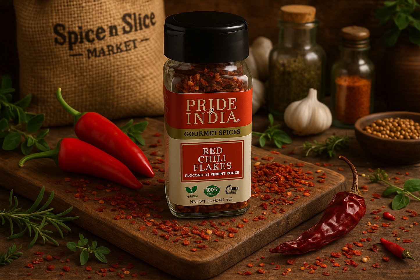 Gourmet Red Chili Flakes in market setting