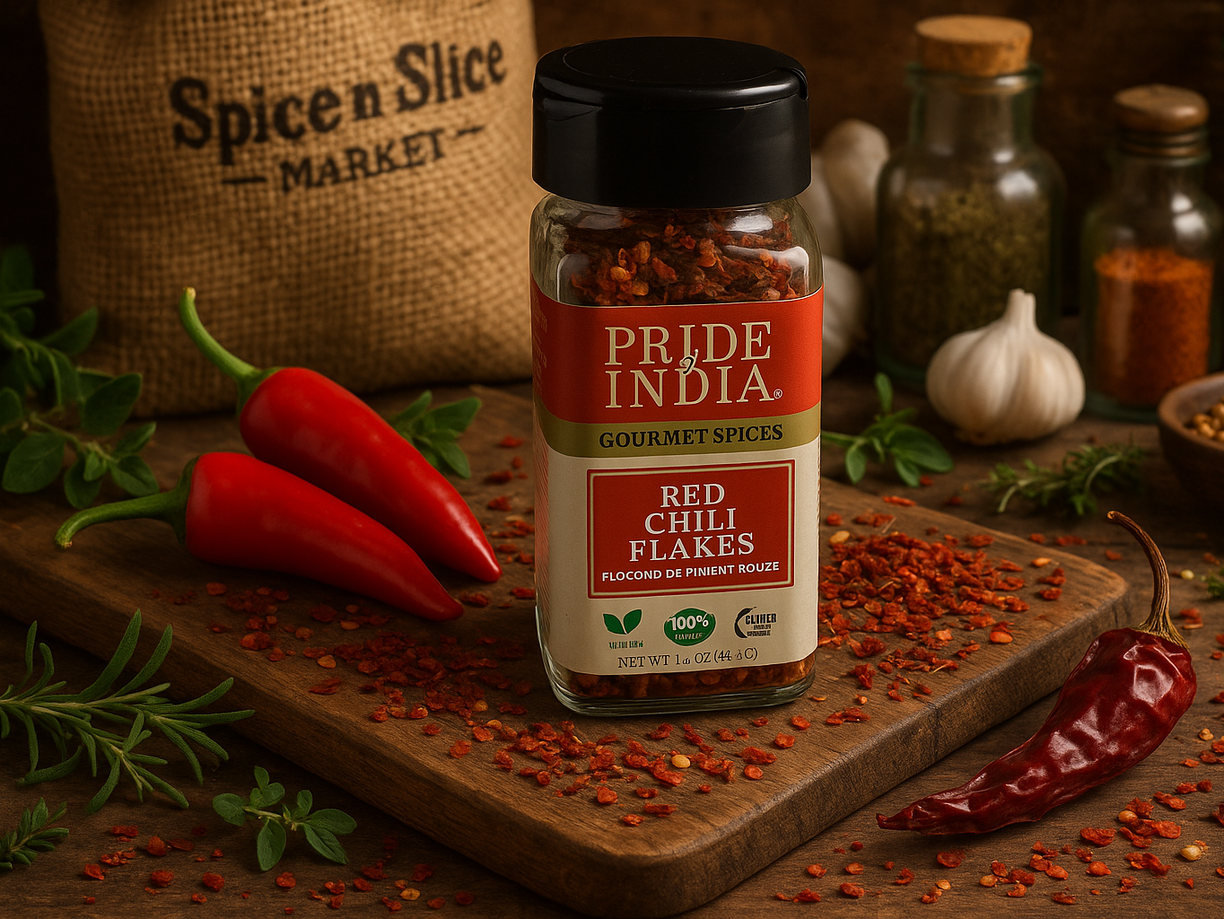 Gourmet Red Chili Flakes in market setting