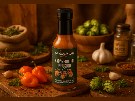 Habanero Hop Infusion hot sauce bottle with habanero peppers, hops, garlic, and spices in a market setting