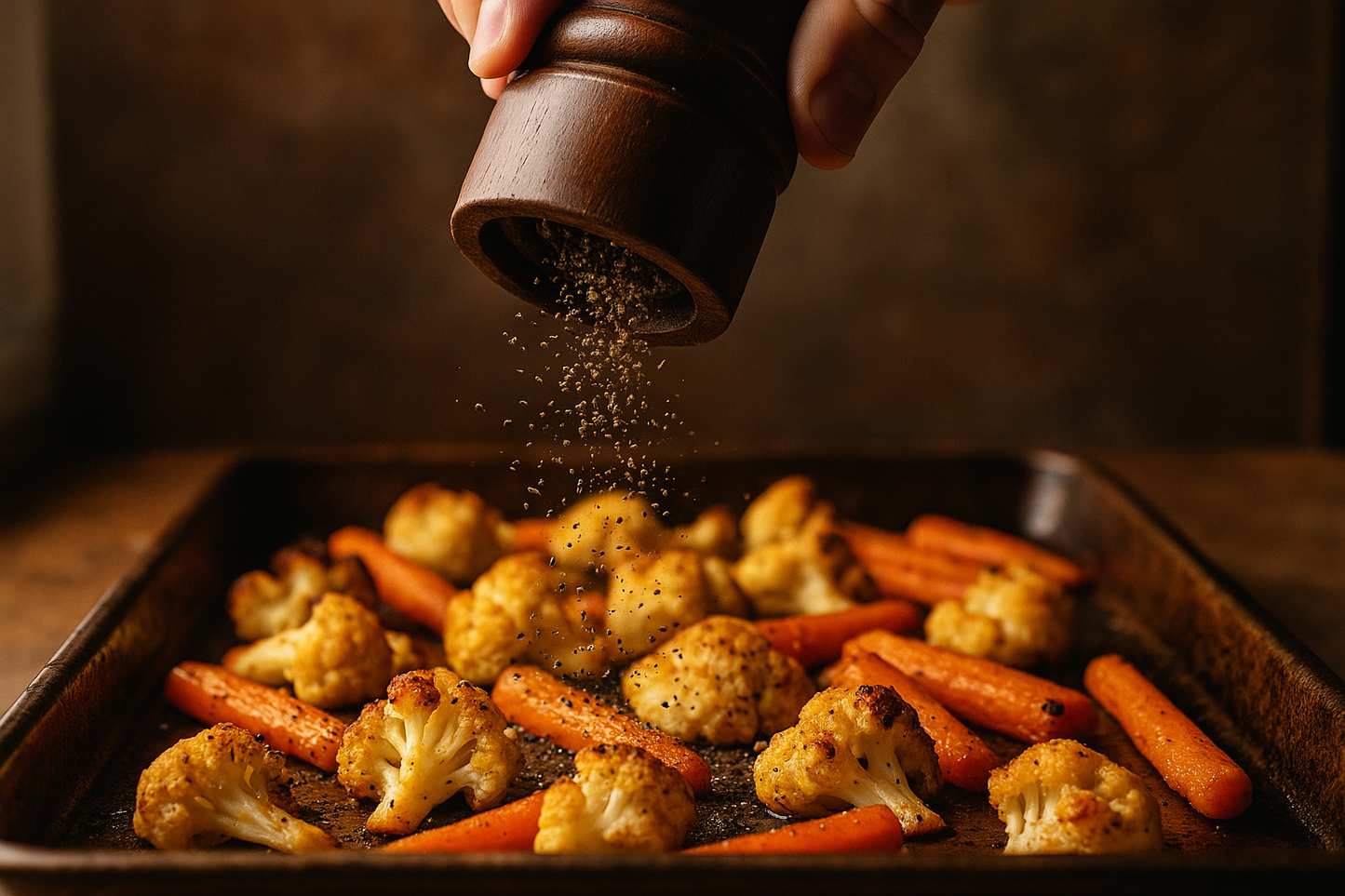 Heavy pepper grind over roasted vegetables action shot