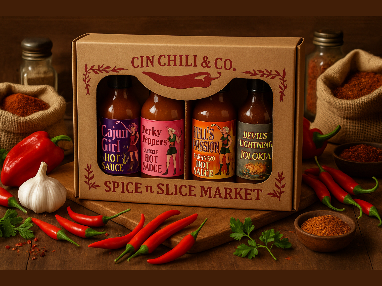 Hot Sauce Gift Box 4 Pack Hot in market setting