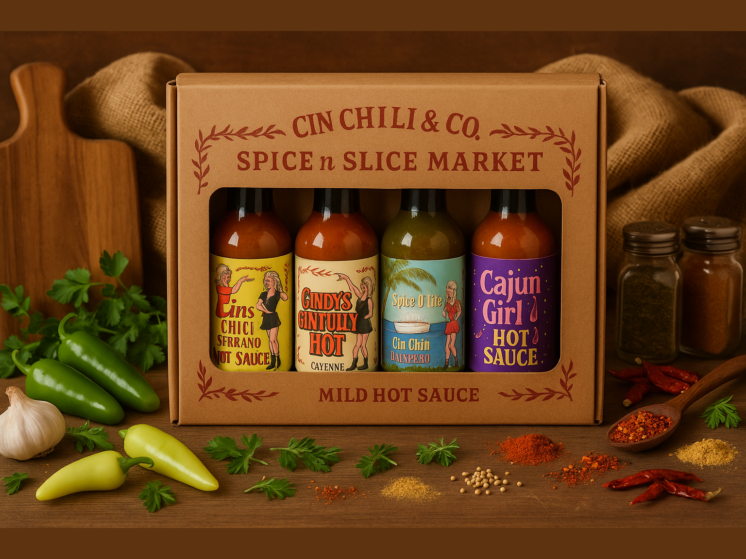Hot Sauce Gift Box 4 Pack Mild in market setting