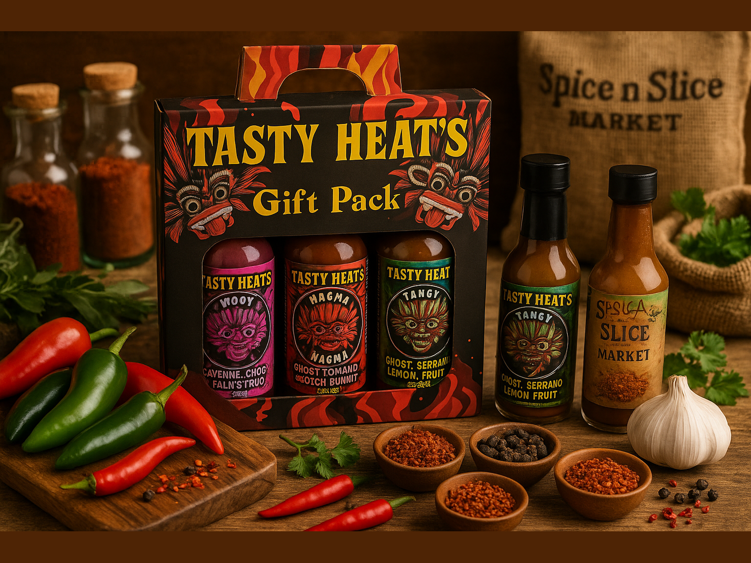 "Hot Sauce Gift Set collection with multiple spicy sauce bottles in gift packaging"