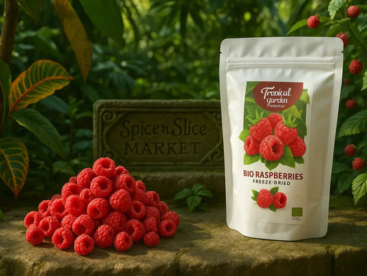 Freeze-dried organic raspberries in a white pouch beside fresh raspberries at a garden market