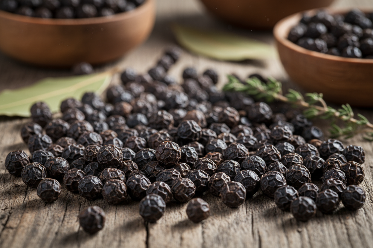 Close-up Macro of Kampot Black Peppercorns