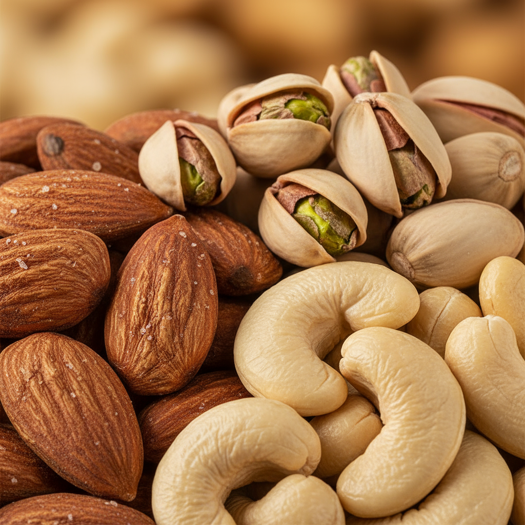 Close-up macro of three gourmet nut varieties