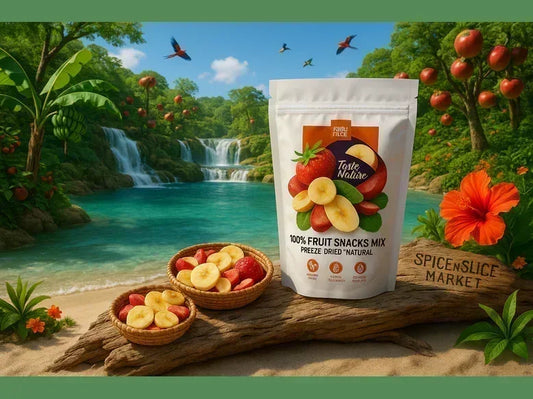 Freeze dried fruit snacks mix package on tropical riverside with bananas and strawberries