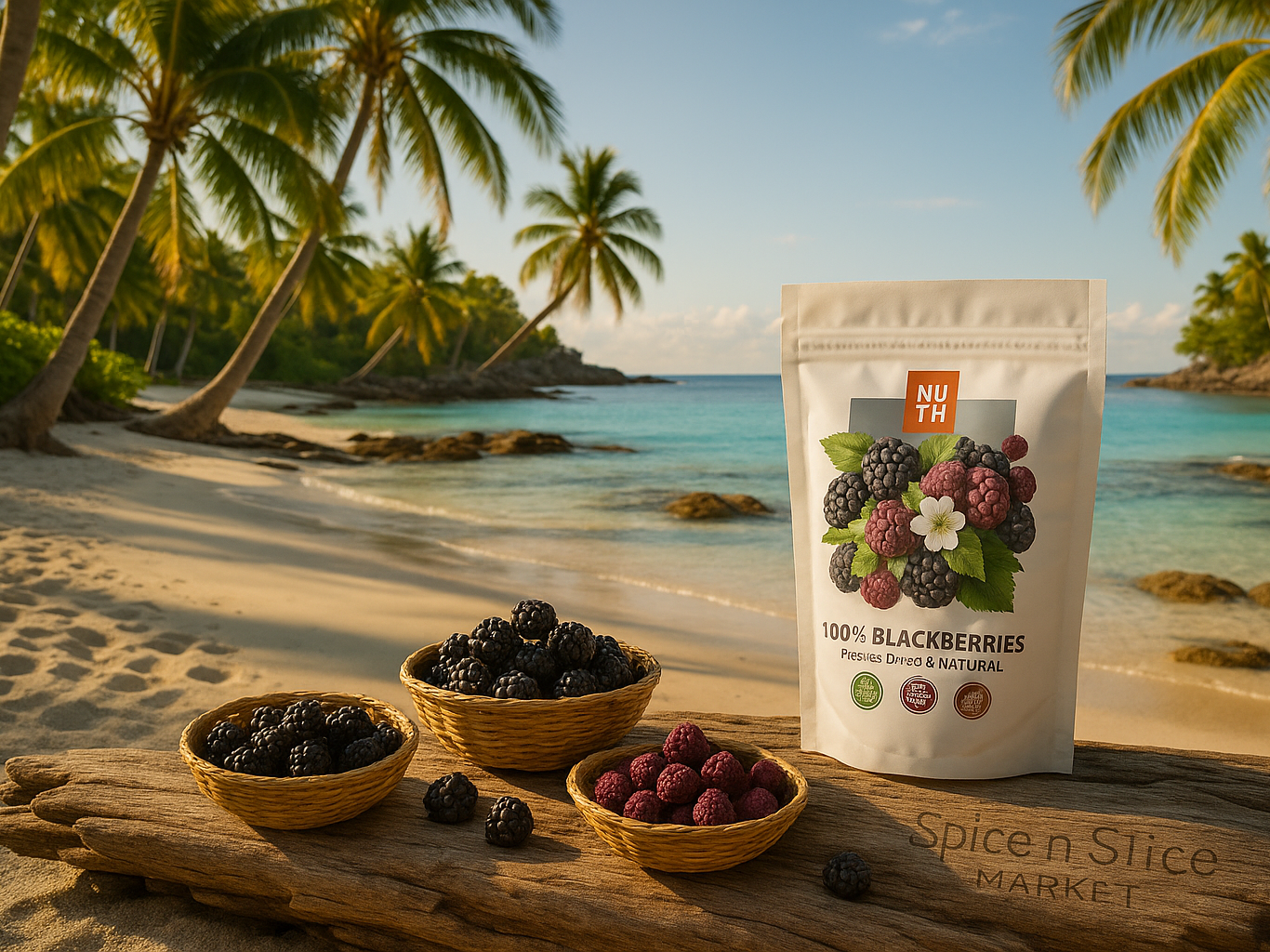 More Natural Tropical Beach Paradise with Original Product and Very Discreet Spice n Slice Market Branding