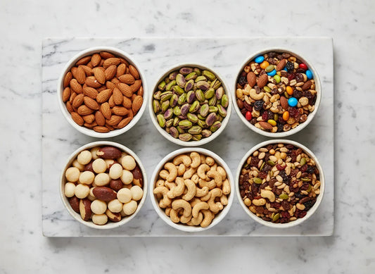 Overhead view of six nut varieties in bowls