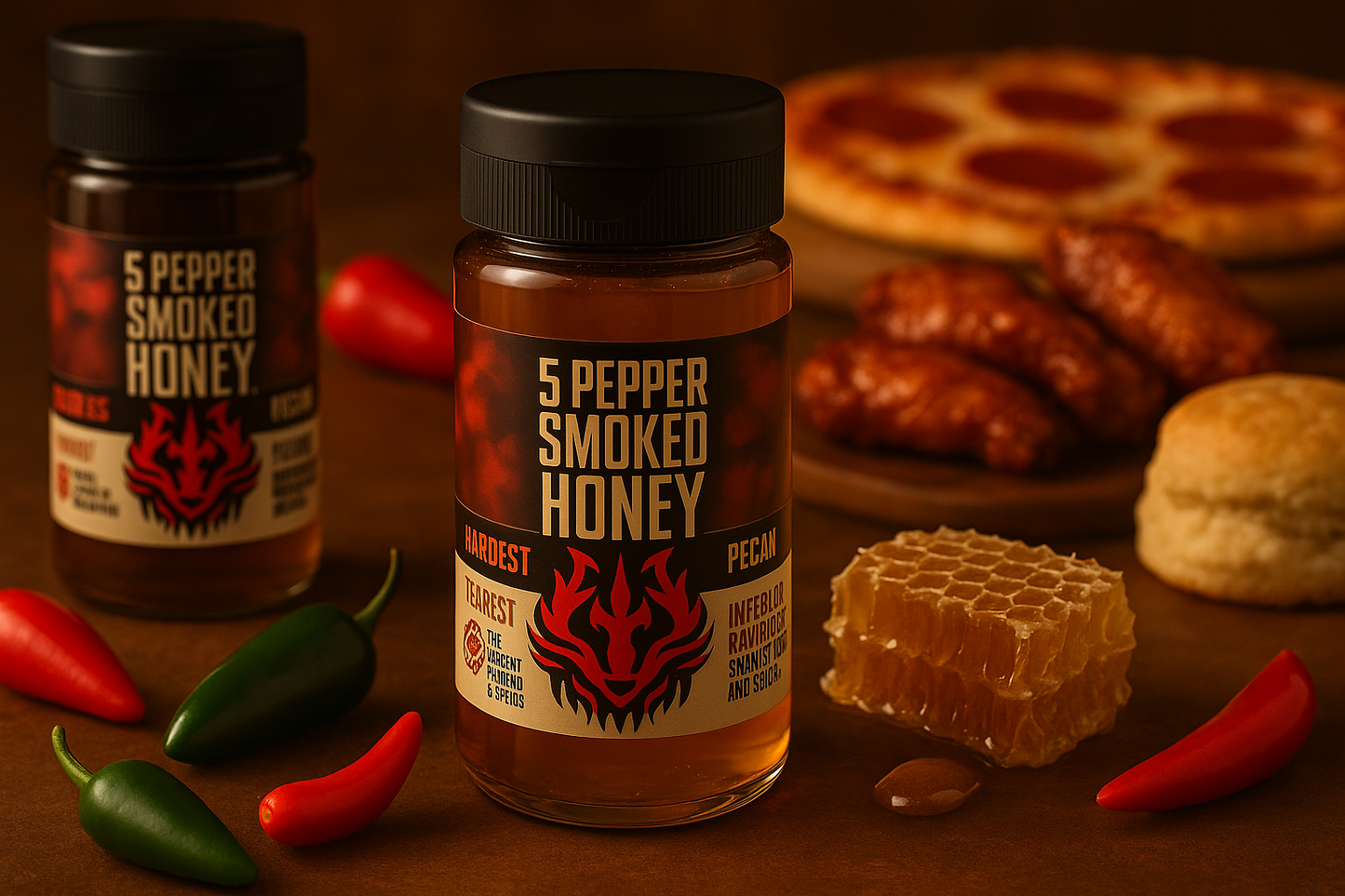 Premium 5-Pepper Smoked Hot Honey - Enhanced Product Photography
