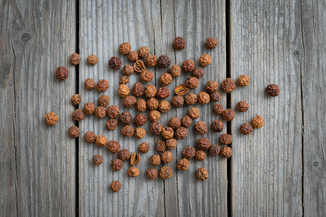 Overhead flat lay of Melegueta pepper grains