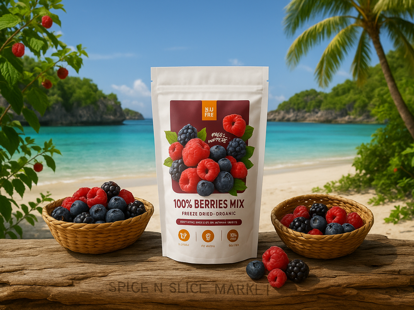 More Natural Tropical Beach Paradise with Original Product and Very Discreet Spice n Slice Market Branding