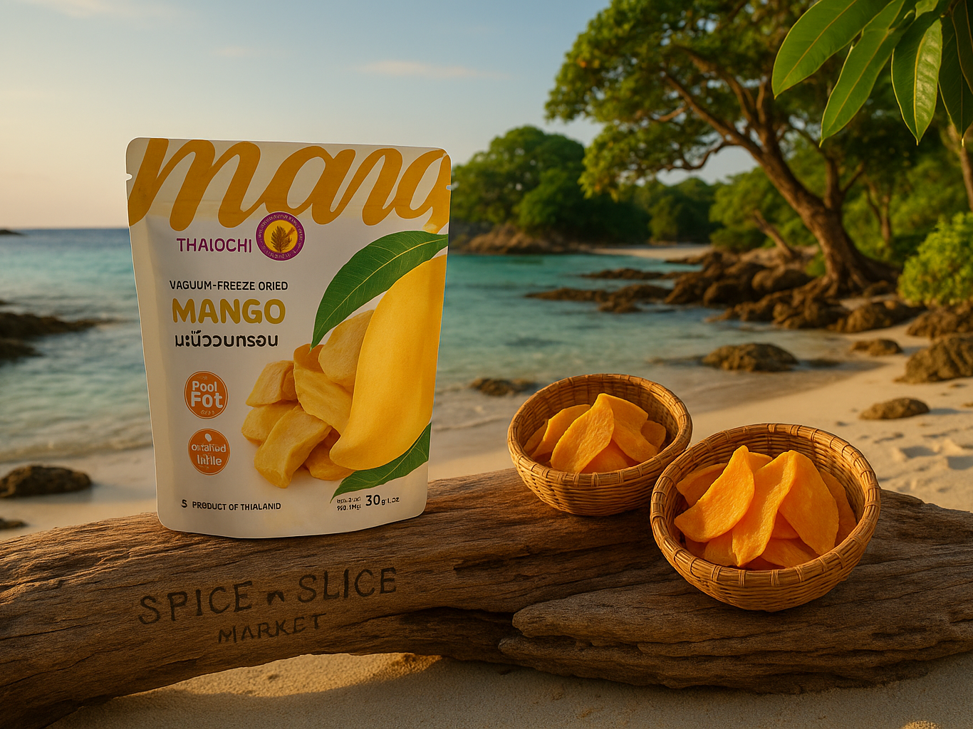 More Natural Tropical Beach Paradise with Original Product and Very Discreet Spice n Slice Market Branding