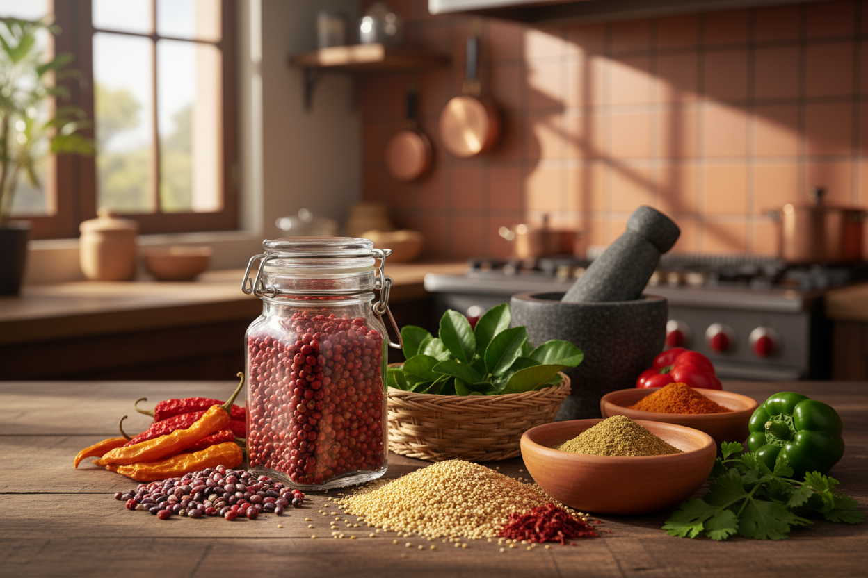 Pink peppercorns in glass spice jar
