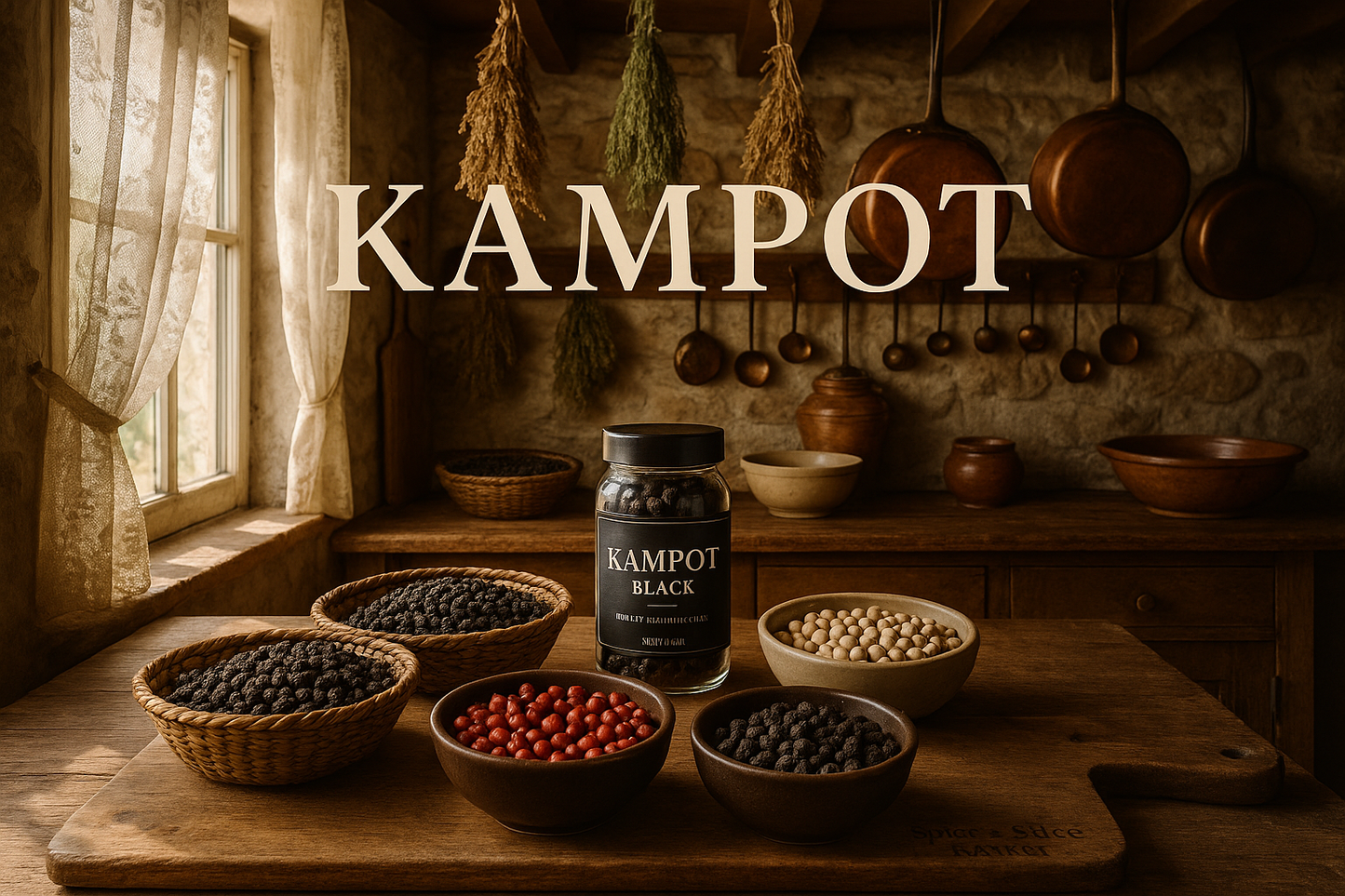 Beautiful Natural French Farmhouse Kitchen with Original Product, Emphasized KAMPOT Name, and Discreet Spice n Slice Market Branding