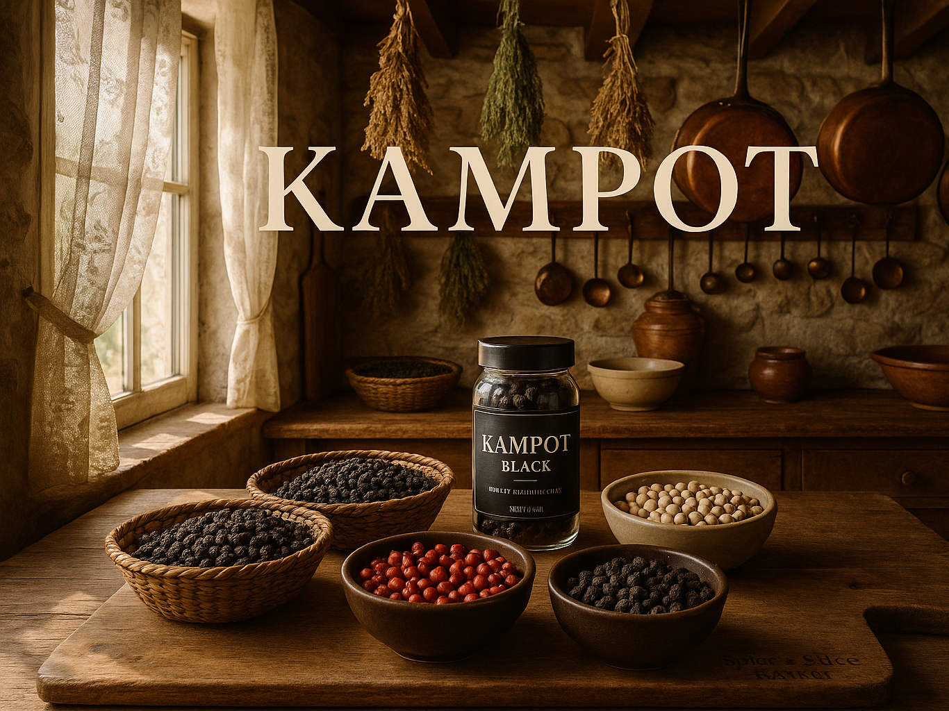 Beautiful Natural French Farmhouse Kitchen with Original Product, Emphasized KAMPOT Name, and Discreet Spice n Slice Market Branding