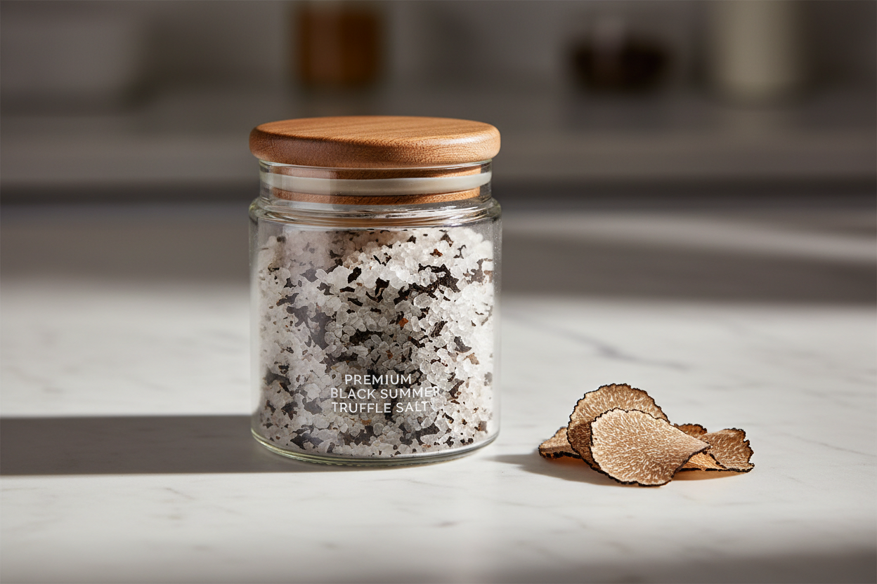 Black Summer Truffle Salt in glass jar with fresh truffle