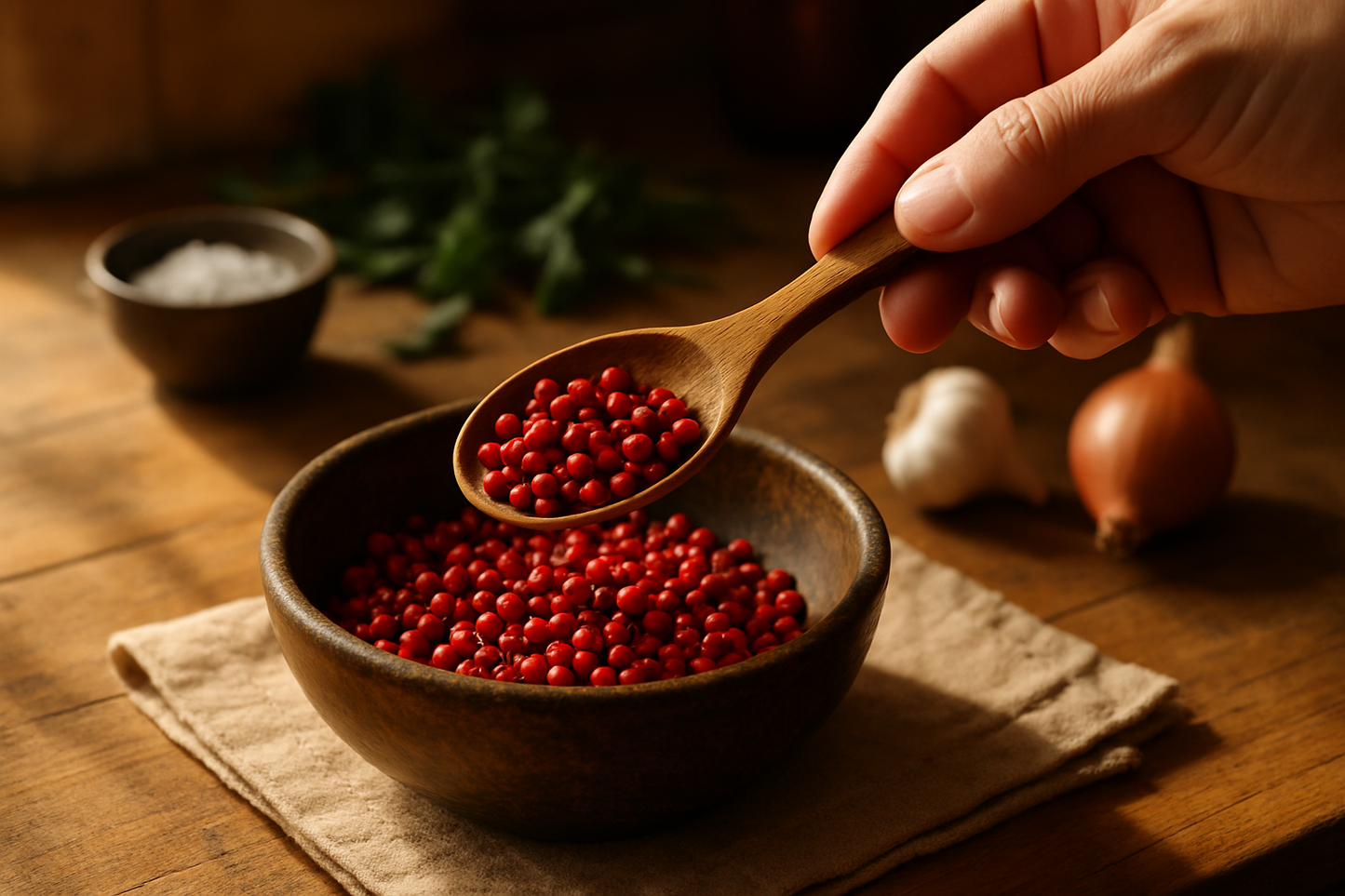 Hand with wooden spoon and red peppercorns