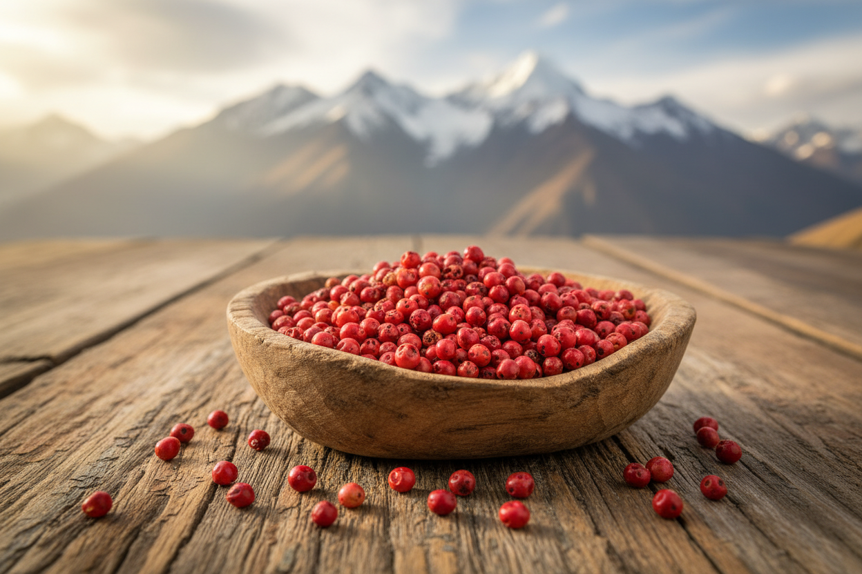 Pink peppercorns Schinus berries in rustic wooden bowl