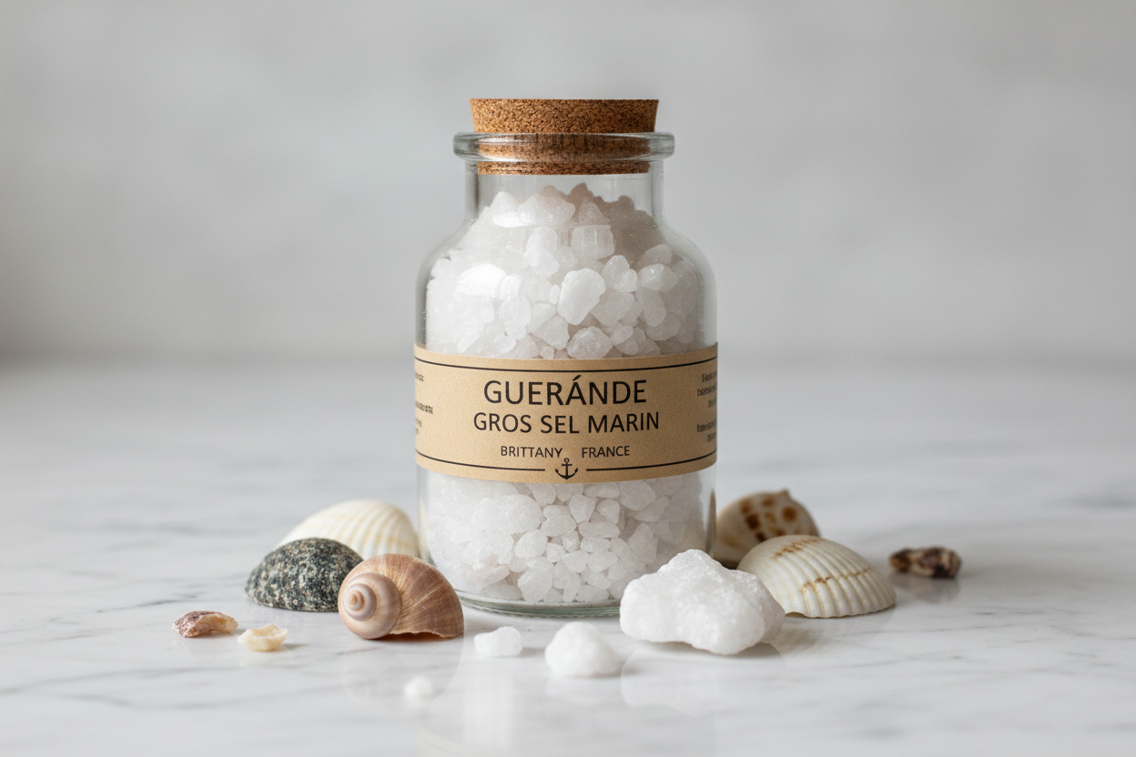Guerande Coarse Sea Salt in glass jar with French coastal elements