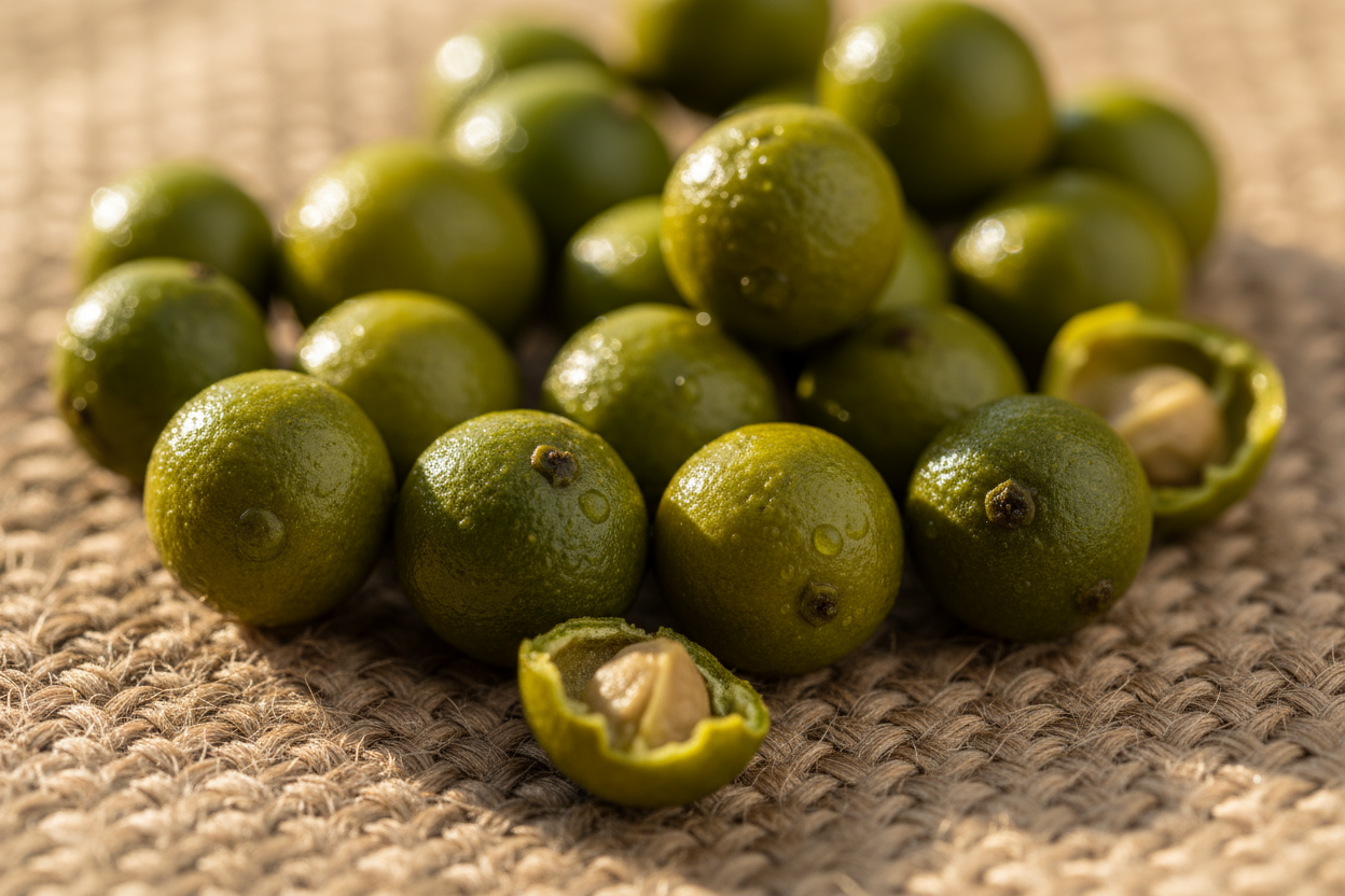 Close-up macro of green Malabar peppercorns