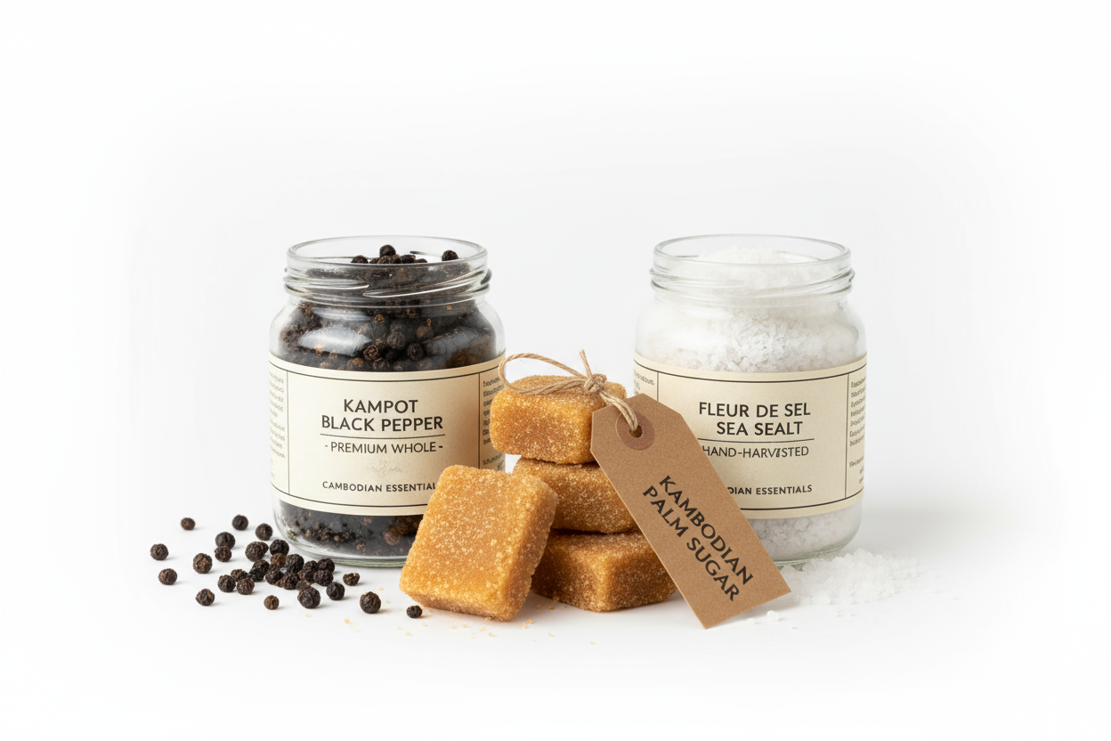 Cambodian Essentials Wholesale — Gourmet Starter Collection | Kampot Pepper, Palm Sugar & Sea Salt