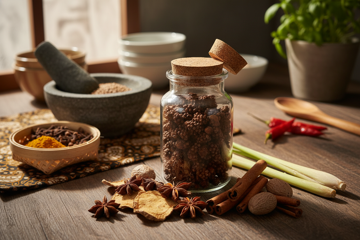 Cubeb pepper in glass spice jar