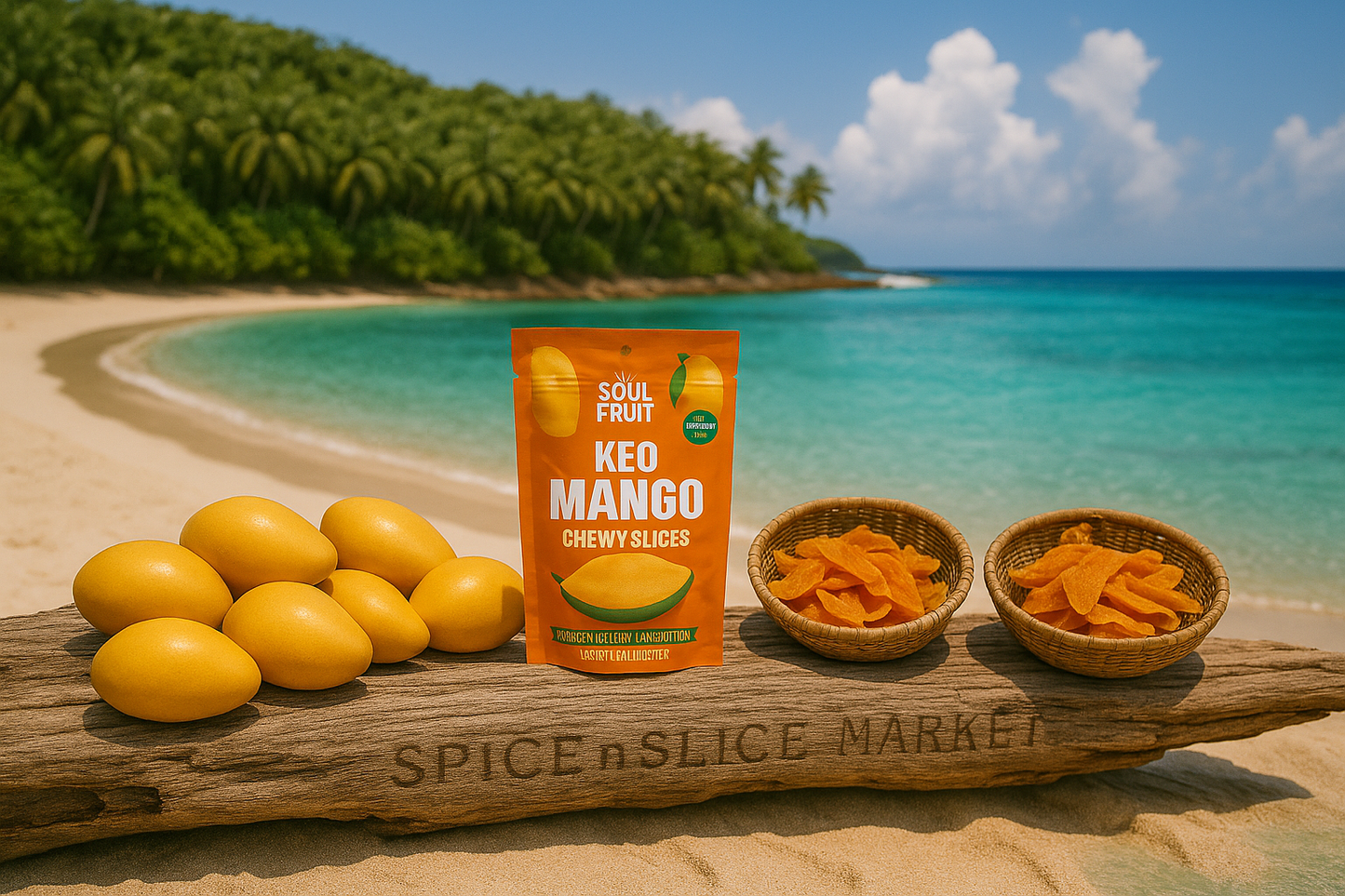 Beautiful Natural Tropical Beach Paradise with Original Product and Extremely Subtle Spice n Slice Market Branding
