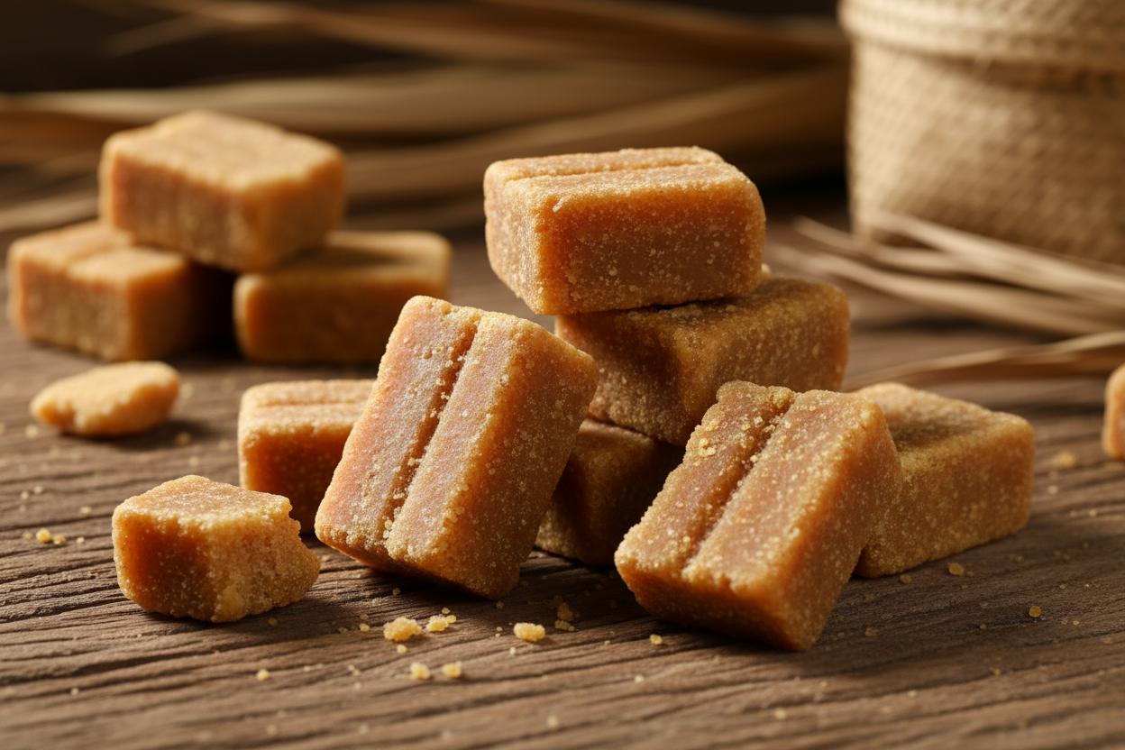 Palm sugar blocks on wooden surface