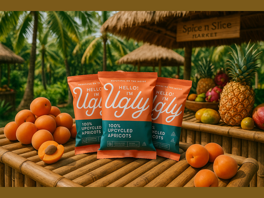 Upcycled apricot snack packs on bamboo table with fresh apricots and tropical fruit market backdrop