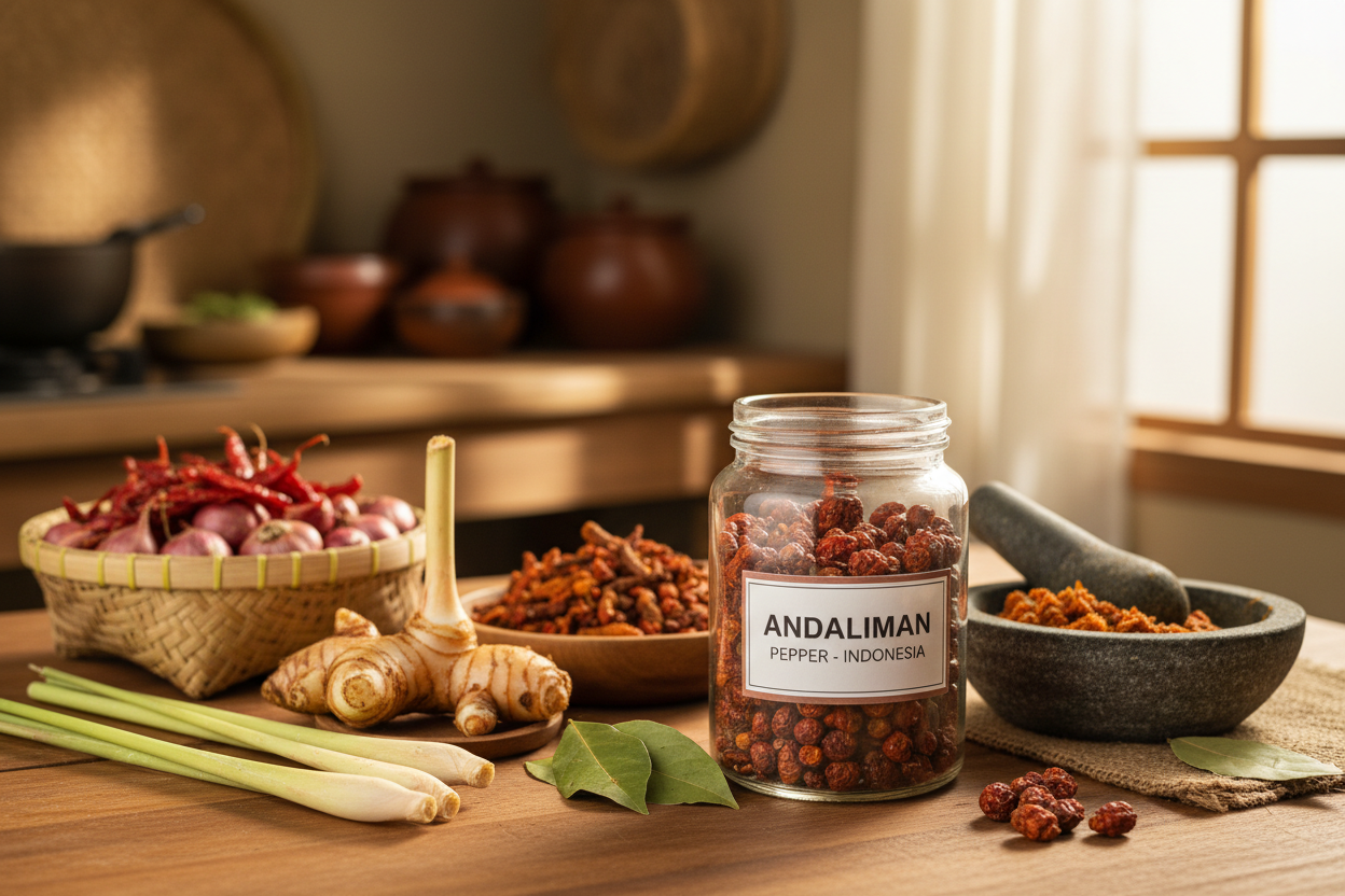 Andaliman pepper in glass spice jar