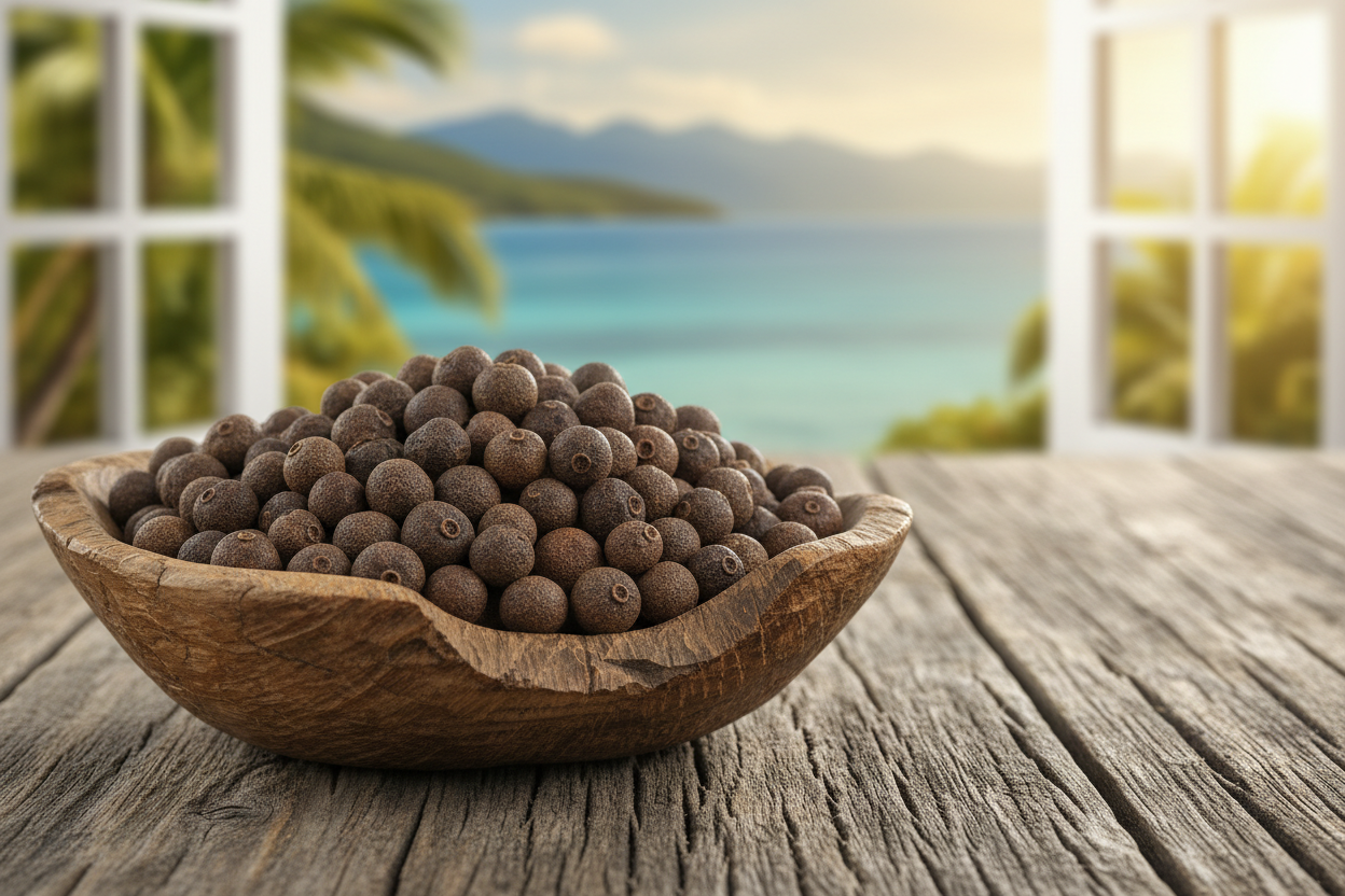 Jamaican allspice piment berries in wooden bowl