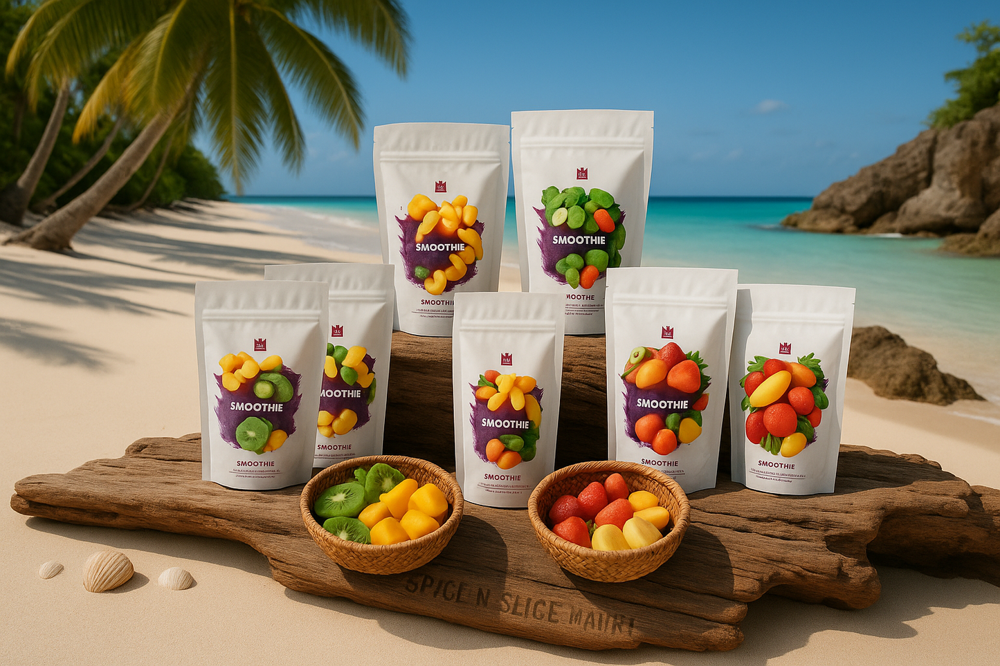 Beautiful Natural Tropical Beach Paradise with Original Product and Extremely Subtle Spice n Slice Market Branding