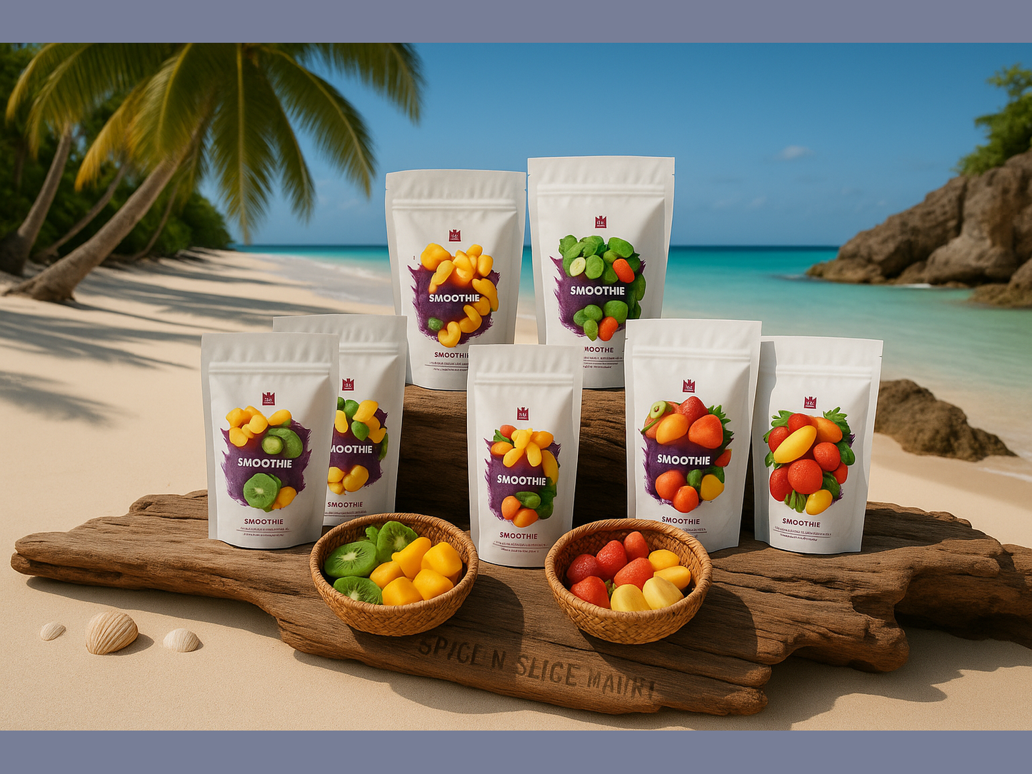 Beautiful Natural Tropical Beach Paradise with Original Product and Extremely Subtle Spice n Slice Market Branding