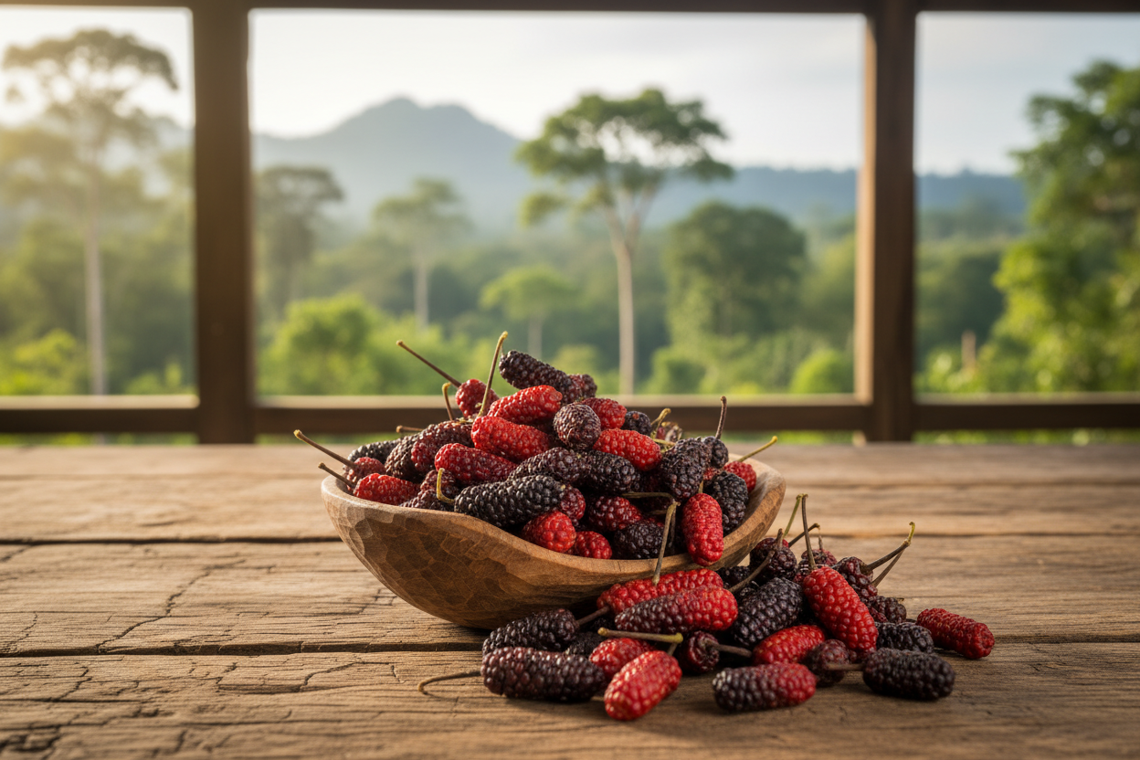 Voatsiperifery wild pepper in rustic wooden bowl