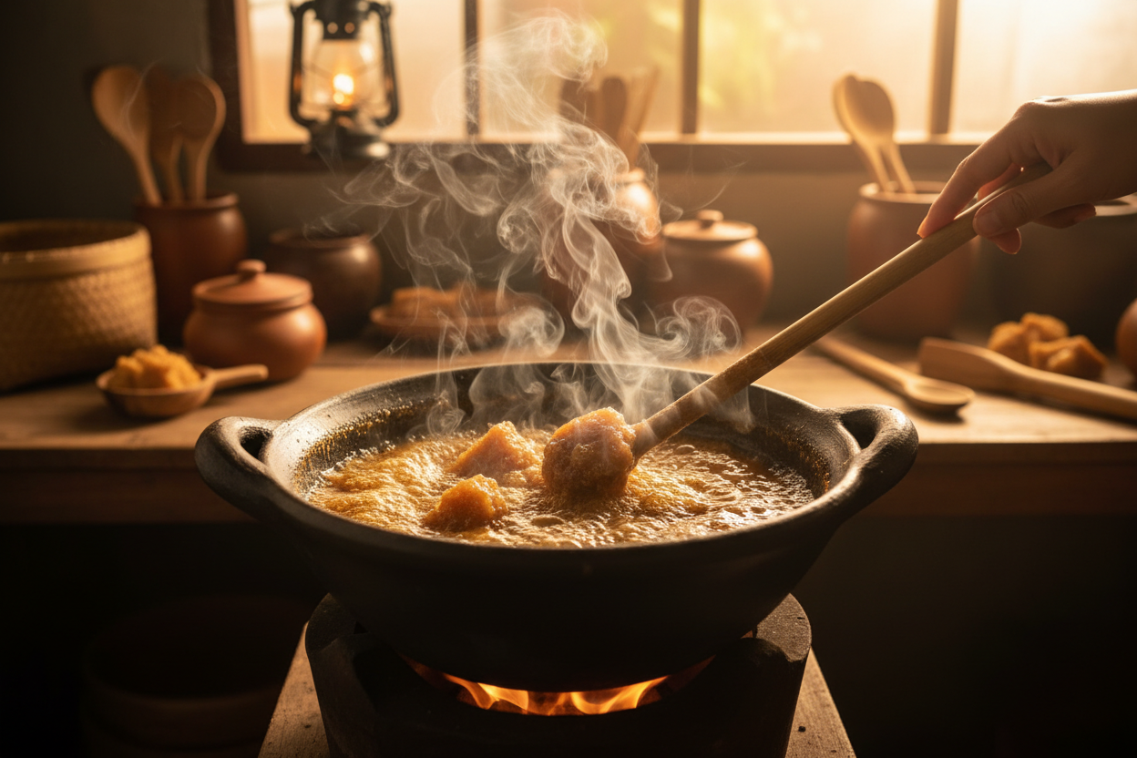 Palm sugar being dissolved in cooking