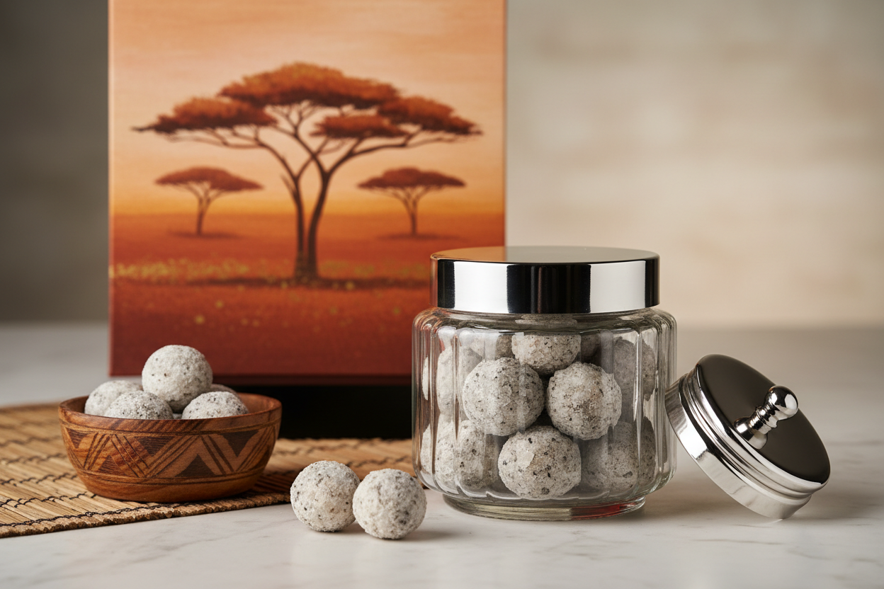 African Salt Pearls in glass jar with wooden bowl