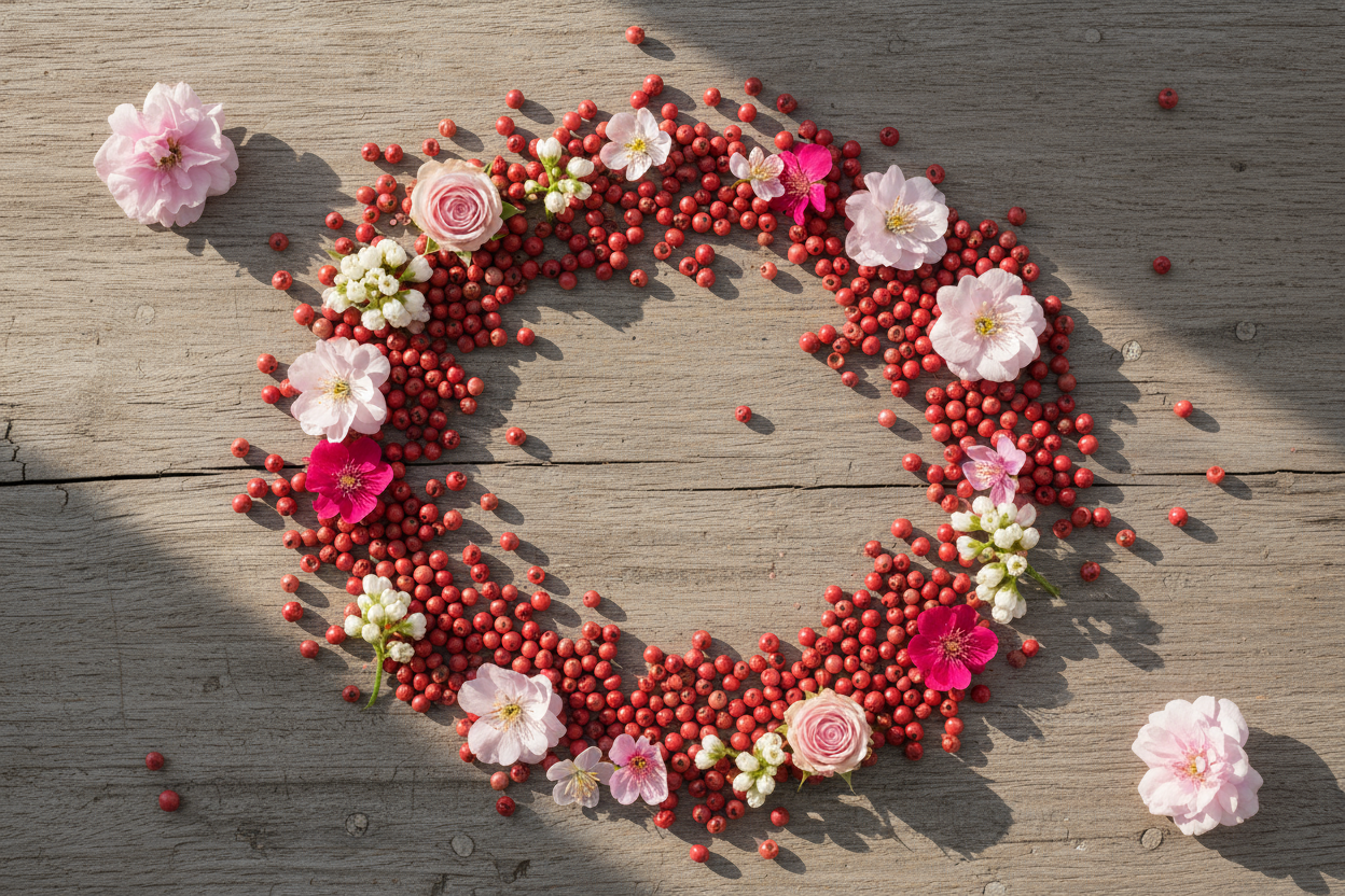 Overhead flat lay of pink peppercorns