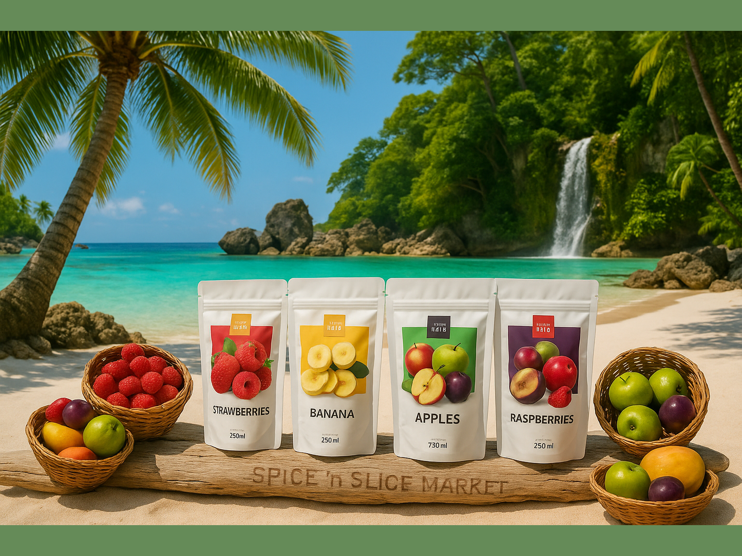 More Natural Tropical Beach Paradise with Original Product and Very Discreet Spice n Slice Market Branding